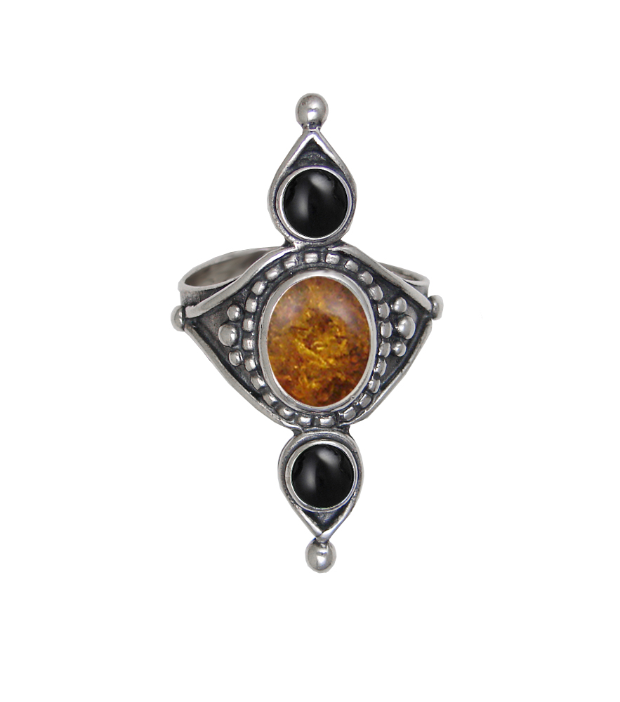 Sterling Silver Royal Ring With Amber And Black Onyx Size 10